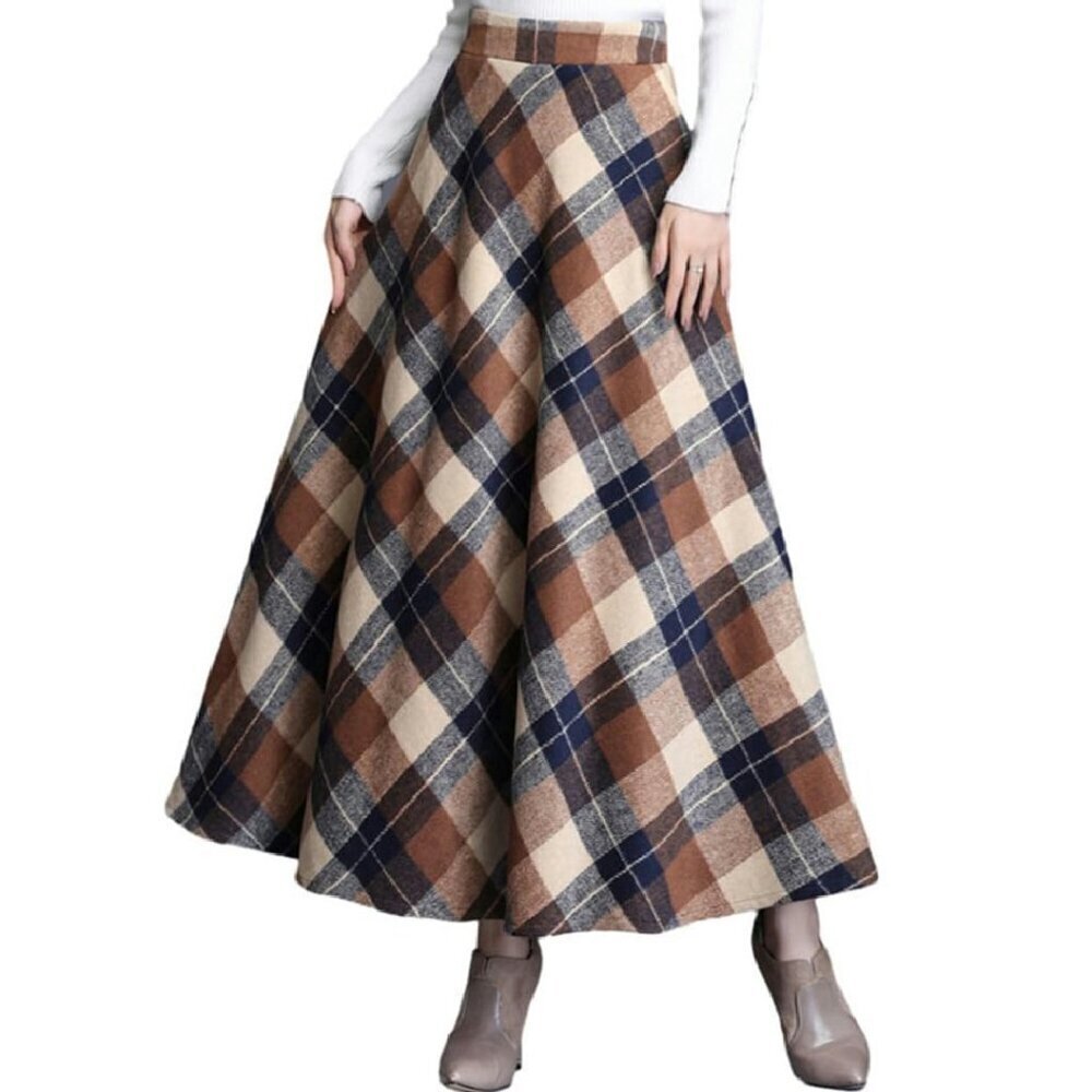 Wool A-Line Skirt Elastic Waist Pleated Maxi Winter Warm